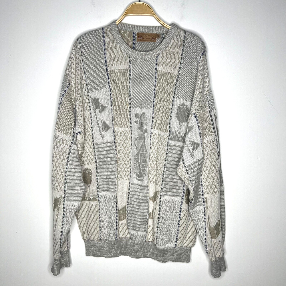 VTG Shenandoah Golf Textured 3D‎ Grandpa Sweater Beige Embroidered USA Sz XL